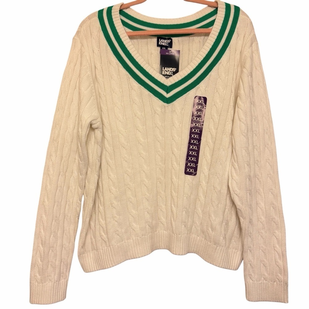 Lands End V Neck Cable Knit Sweater - Picture 6 of 8